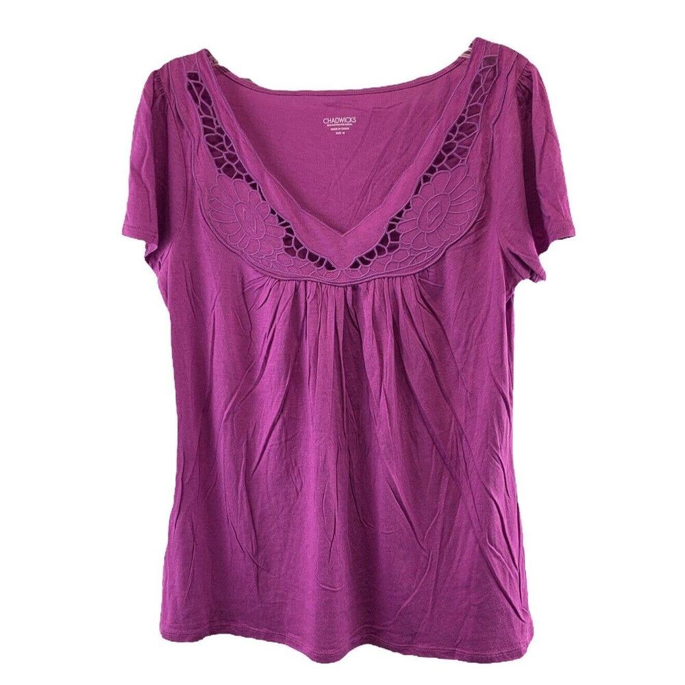 Chadwicks Womens Blouse Size Medium Purple V-Neck Pleated Laser Print Breathable